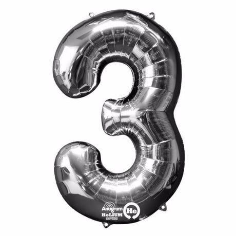 Silver foil Shape Number Three balloon, 86cm, self-sealing for air or helium, perfect for elegant party décor.
