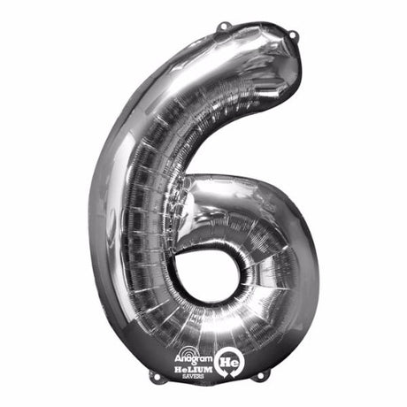 Large silver number six foil balloon, 86cm, versatile for air or helium, self-sealing, perfect for celebrations.