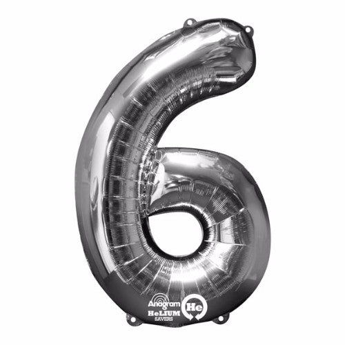 Large silver number six foil balloon, 86cm, versatile for air or helium, self-sealing, perfect for celebrations.