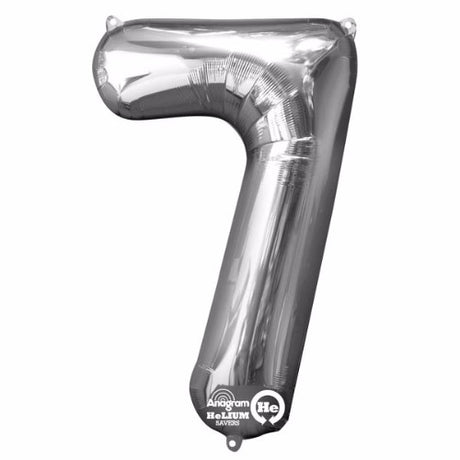 Silver Shape Number Seven foil balloon, 86cm high, self-sealing, versatile for air or helium fill, perfect for celebrations.