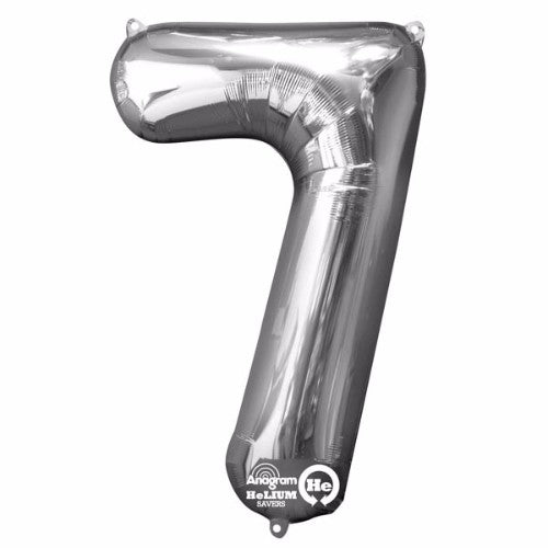 Silver Shape Number Seven foil balloon, 86cm high, self-sealing, versatile for air or helium fill, perfect for celebrations.