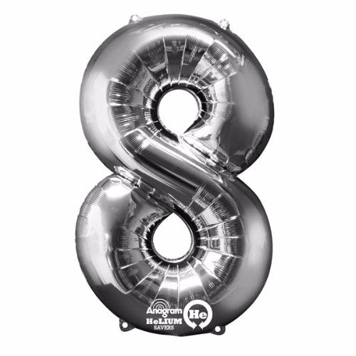 Shape Number Eight Silver Helium Saver balloon, 86cm high, features a sleek design for vibrant party decor.