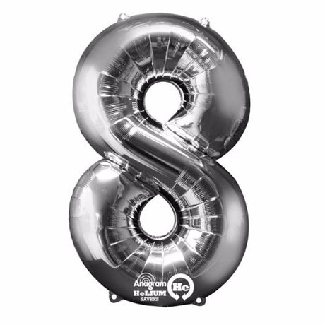 Shape Number Eight Silver Helium Saver balloon, 86cm high, features a sleek design for vibrant party decor.
