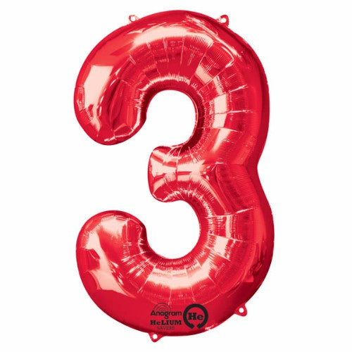 Vibrant 86cm red foil balloon in shape of number three, designed for long-lasting helium or air-filled celebrations.