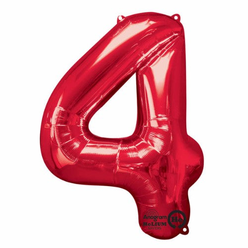 Vibrant red Shape Number Four foil balloon, 86cm high, ideal for lasting decorations at parties and celebrations.