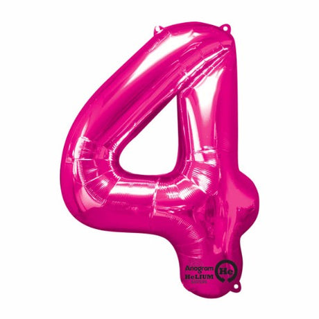 Pink foil number four balloon, 86cm tall, designed to hold helium longer for vibrant party decor.