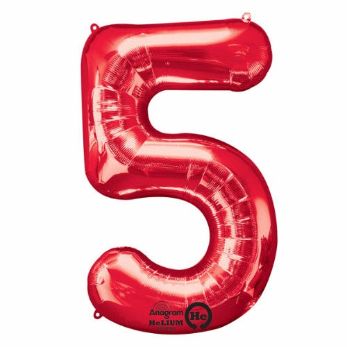 Vibrant 86cm red foil balloon shaped like the number five, perfect for celebrations with air or helium options.
