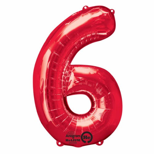 Vibrant red Shape Number Six helium-saving foil balloon, 86cm tall, perfect for festive celebrations and easy to use.