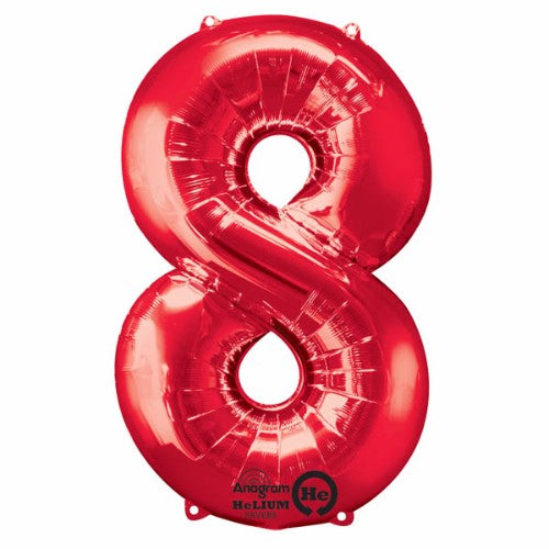 Vibrant red number eight foil balloon, 86cm tall, perfect for celebrations, self-sealing and helium saver design.