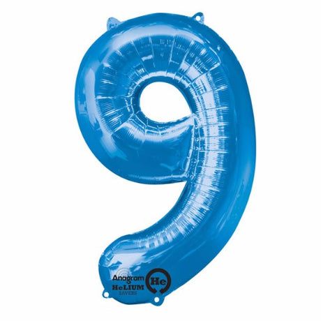 Vibrant 86cm blue foil balloon shaped like number nine, perfect for party decorations with self-sealing feature.