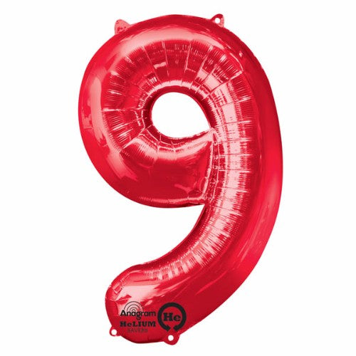 Vibrant 86cm red Number Nine foil balloon, perfect for celebrations, self-sealing for long-lasting helium or air use.