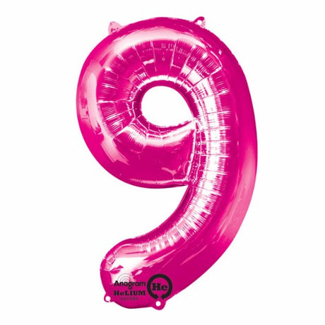 Shape Number Nine Pink Helium Saver balloon, 86cm tall, vibrant pink, designed for long-lasting celebrations.