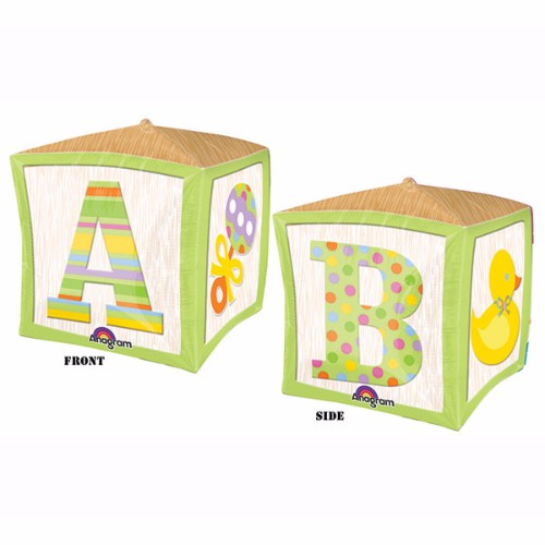 Vibrant Shape Cubez Baby Block foil balloon, 38cm, self-sealing, ideal for baby showers and festive decorations.