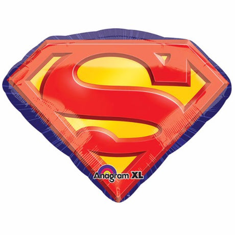 Vibrant 66cm x 50cm Superman emblem foil balloon, perfect for superhero-themed parties and celebrations.