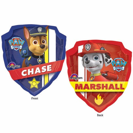Vibrant double-sided 63cm x 68cm Paw Patrol foil balloon, perfect for birthday parties and themed events.
