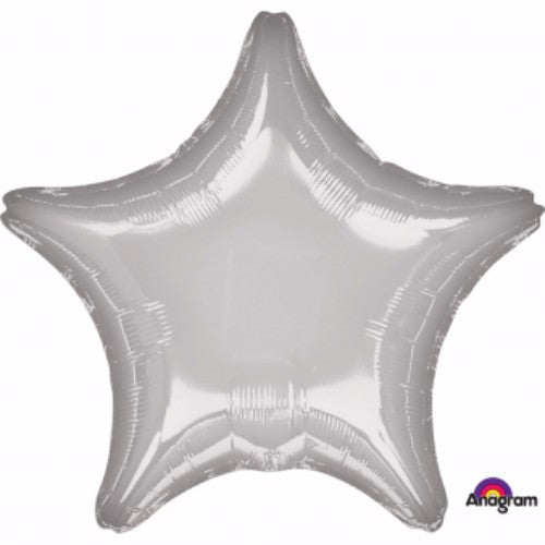 45cm star-shaped silver foil balloon, self-sealing and requires helium for inflation.
