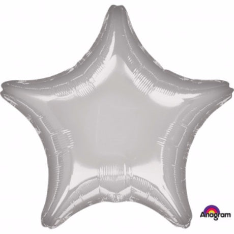 45cm star-shaped silver foil balloon, self-sealing and requires helium for inflation.