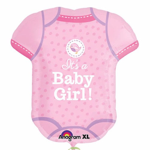 Vibrant 'It's a Baby Girl' onesie foil balloon, perfect for baby shower decor, measuring 55cm x 60cm, self-sealing.