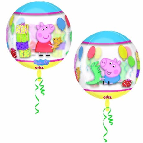 Shape Orbz Balloon featuring Peppa Pig's 4-sided design, ideal for themed parties and celebrations, self-sealing with helium inflation.
