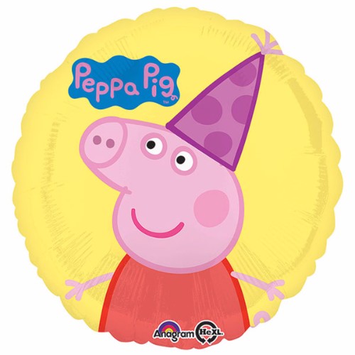 45cm Peppa Pig foil balloon with hat design, perfect for kids' parties and celebrations, requires helium for inflation.