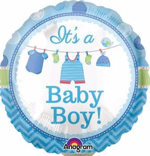 22cm flat foil balloon with 'It's a Baby Boy' message, perfect for baby showers and gender reveal parties.