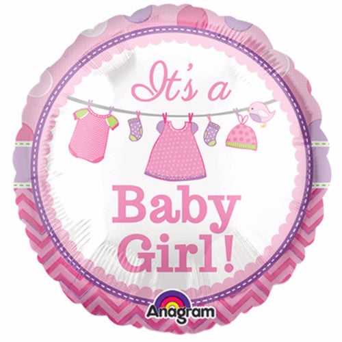 22cm flat foil balloon with 'It's a Baby Girl' design, perfect for baby showers and gender reveal celebrations.