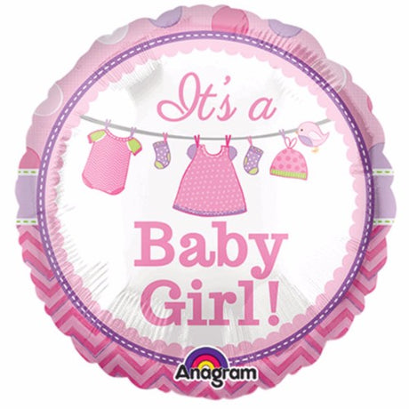 22cm flat foil balloon with 'It's a Baby Girl' design, perfect for baby showers and gender reveal celebrations.