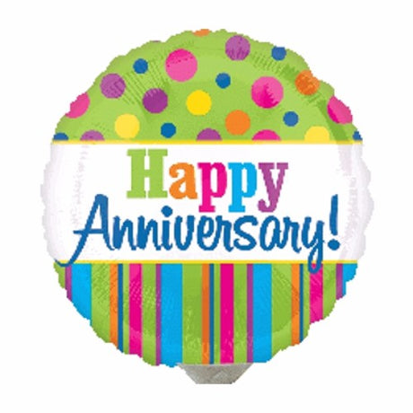 22cm Happy Anniversary foil balloon featuring bright stripes and dots, perfect for anniversary celebrations.
