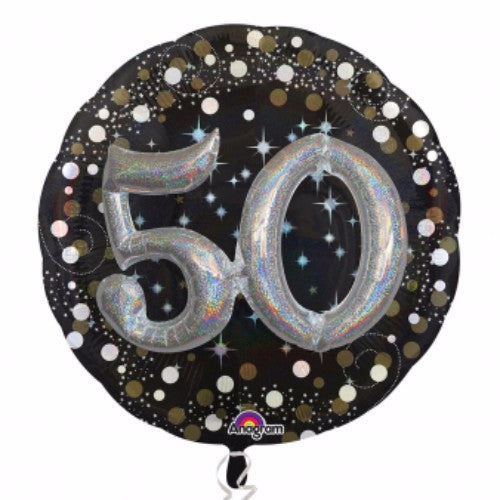 Vibrant 81cm holographic '50' foil balloon, perfect for stylish birthday celebrations and eye-catching decor.