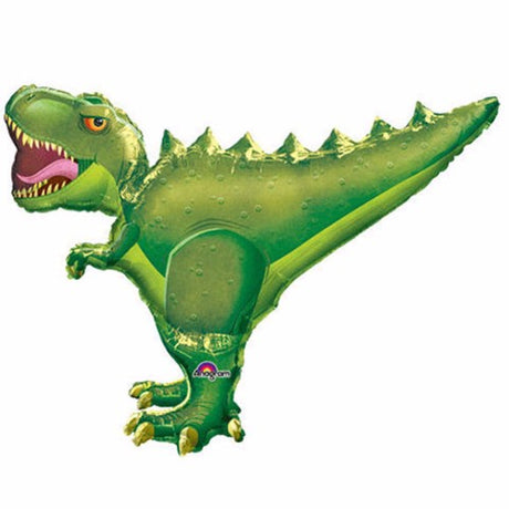 Vibrant 91cm T-Rex foil balloon, perfect for dinosaur-themed parties and celebrations, self-sealing and helium-inflatable.