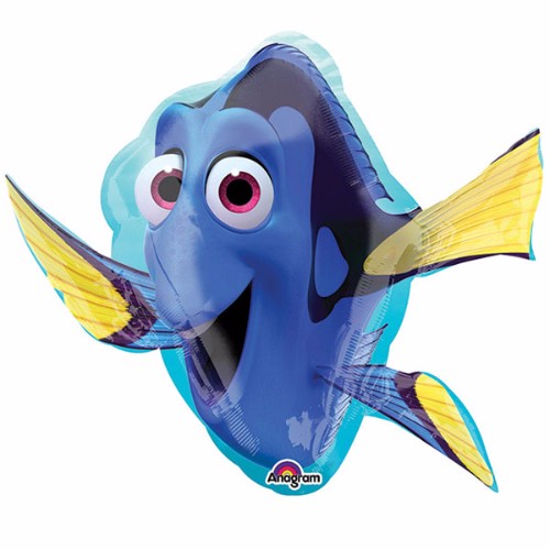 Shape Finding Dory foil balloon features Dory from Disney Pixar, perfect for ocean-themed parties, 76cm x 76cm.