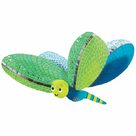 Large foil balloon shaped like a cute dragonfly, 101cm x 78cm, self-sealing, requires helium for inflation.