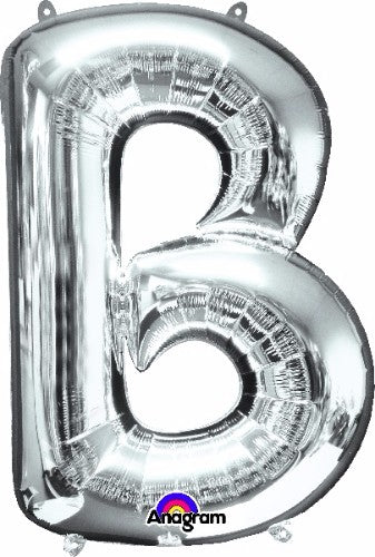 Silver Letter B Helium Saver balloon, 86cm, perfect for parties, self-sealing, durable, air or helium options.