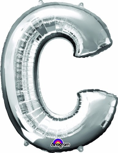 Elegant 81cm silver Letter C balloon, perfect for celebrations, self-sealing, helium or air compatible, durable and eye-catching.