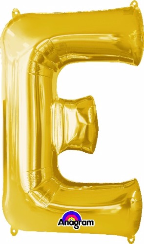 Dazzling 81cm gold Letter E balloon, versatile for helium or air, perfect for elegant celebrations and decorations.