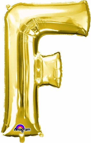 Elegant 81cm gold Letter F balloon, perfect for celebrations, self-sealing, air or helium fill, floats longer.