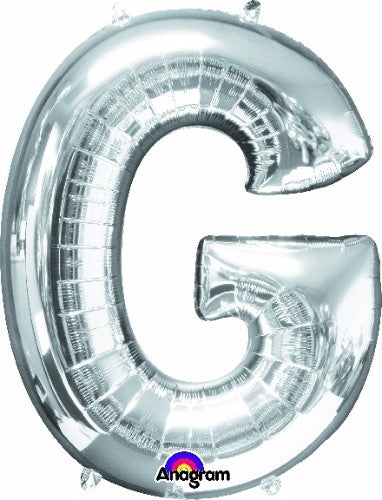 Shiny silver Letter G balloon, 81cm, self-sealing, perfect for celebrations, can be filled with helium or air.