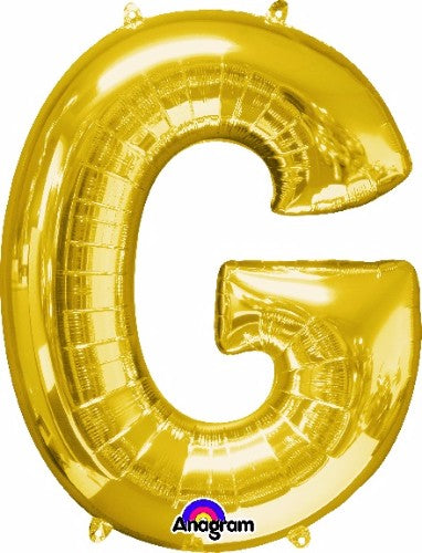 Gold letter G helium saver balloon, 81cm, self-sealing, suitable for air or helium filling.