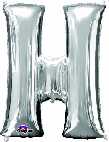 Large silver letter H balloon, 81cm, self-sealing, perfect for celebrations, fills with air or helium for lasting display.