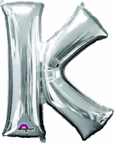 Large silver Letter K balloon, 83cm, perfect for celebrations, self-sealing, can be filled with helium or air.