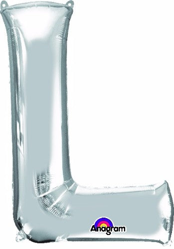 81cm silver letter L balloon, self-sealing, ideal for party decor and celebrations, floats with helium or air.