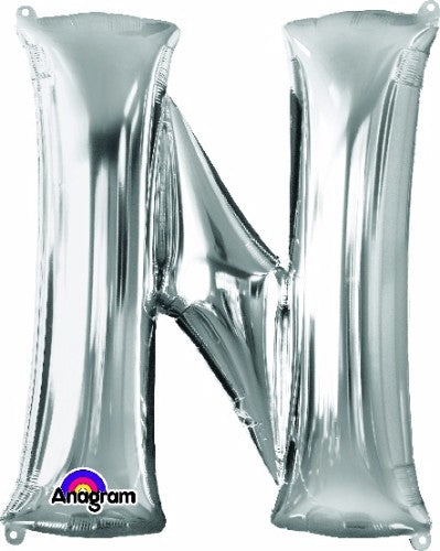 Large silver letter N balloon, 81cm, self-sealing, perfect for celebrations and decorations, helium or air fill options.