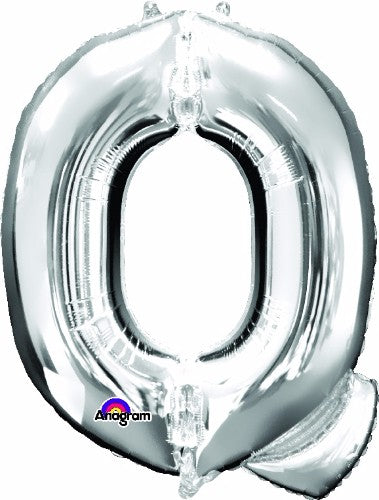81cm silver Letter Q helium saver balloon, self-sealing, perfect for parties and celebrations, elegant reflective finish.