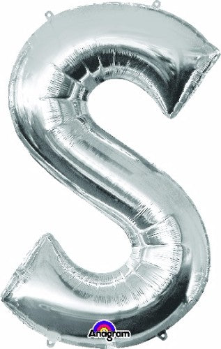 Shiny silver Letter S balloon, 88cm, self-sealing, ideal for parties and events; air or helium fill options.