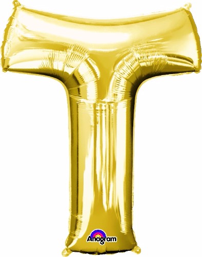 Gold Letter T balloon, 81cm, self-sealing, perfect for stylish celebrations and versatile decor.