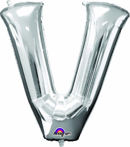 Silver Letter V Helium Saver balloon, 81cm, perfect for elegant party decor and photo booth props.