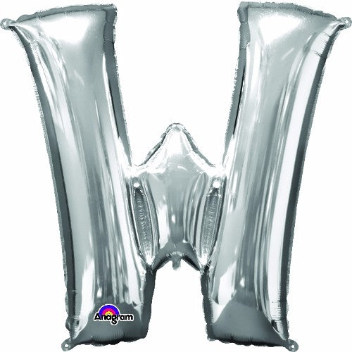 Silver 83cm Letter W balloon, self-sealing, versatile for air or helium, perfect for elegant celebrations.