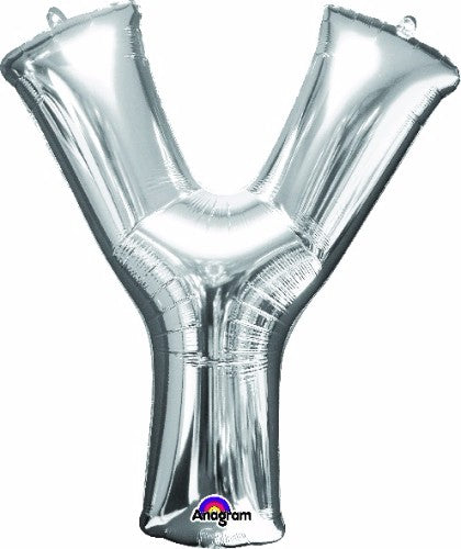 Silver Letter Y balloon, 86cm, self-sealing for helium or air, perfect for elegant celebrations and themed events.