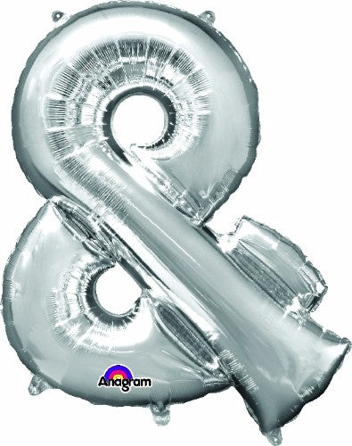 Silver 96cm ampersand symbol foil balloon, perfect for elegant celebrations, self-sealing and helium-saving design.