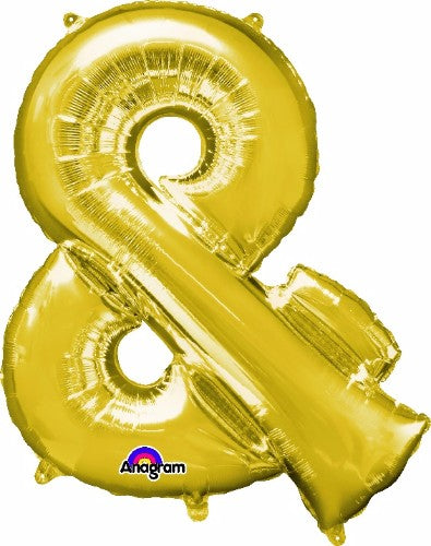 Gold 96cm ampersand symbol balloon, perfect for elegant celebrations, self-sealing and helium saver technology.